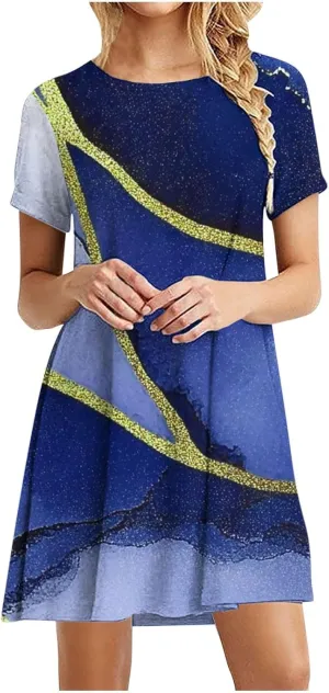 Summer Dress with Sleeves Women Printed Mini Dress Knee Length Flowy Beach Dresses Spring Dresses for Women