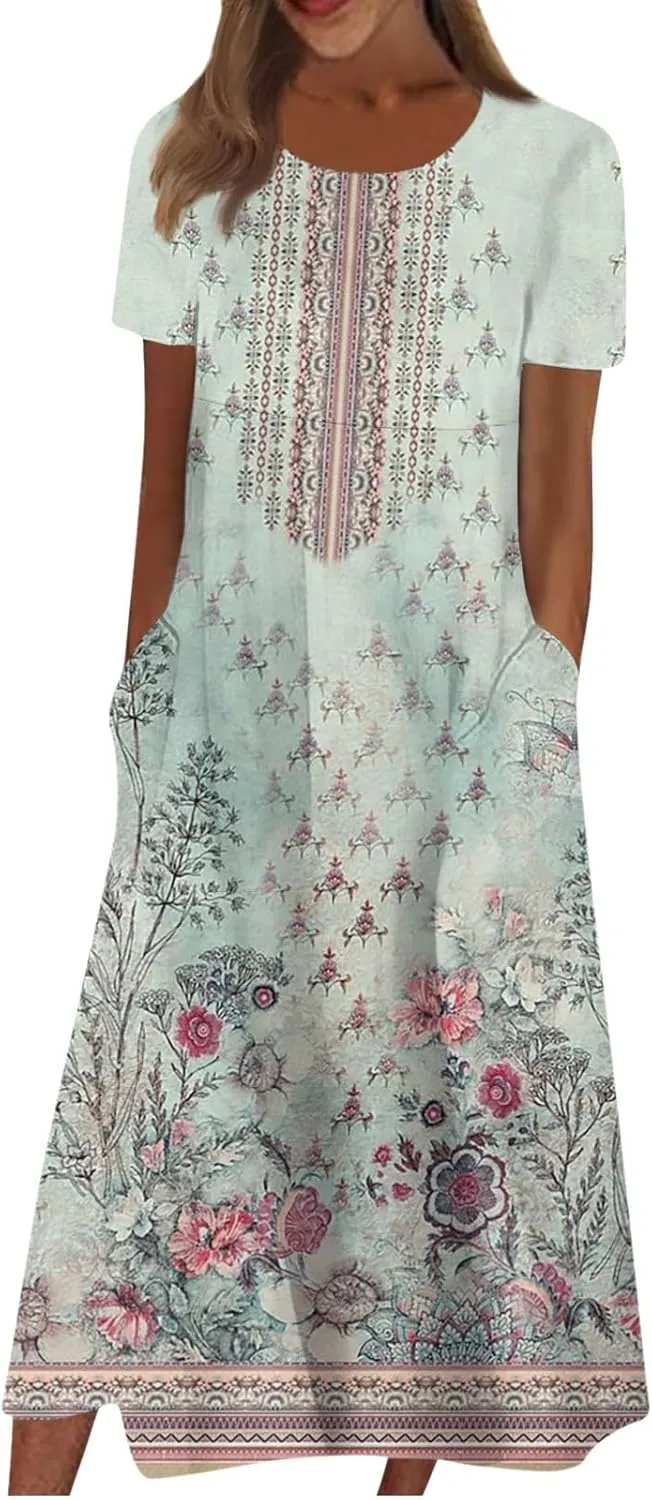 Summer Dresses for Women 2024 Round Neck Prinedt Basic Dresses Plus Size Flowy Short Sleeve Dress with Pockets