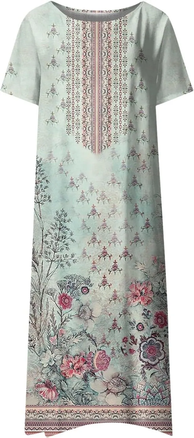 Summer Dresses for Women 2024 Round Neck Prinedt Basic Dresses Plus Size Flowy Short Sleeve Dress with Pockets