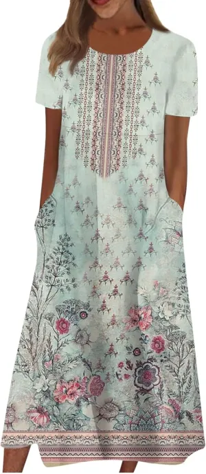 Summer Dresses for Women 2024 Round Neck Prinedt Basic Dresses Plus Size Flowy Short Sleeve Dress with Pockets