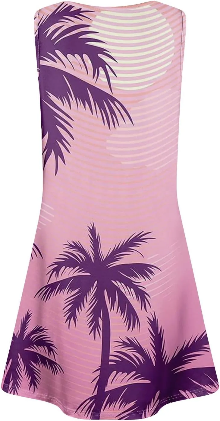 Summer Dresses for Women Beach Boho Sleeveless Vintage Printing Flowy Pocket Tshirt Tank Sundresses Fashion