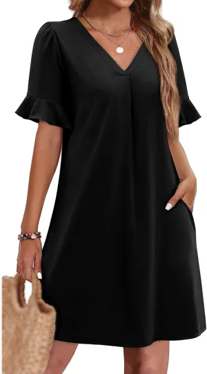 Summer Dresses for Women Ruffle Short Sleeve Dress Casual V Neck Shift Dress Work Beach Short Sundress with Pockets