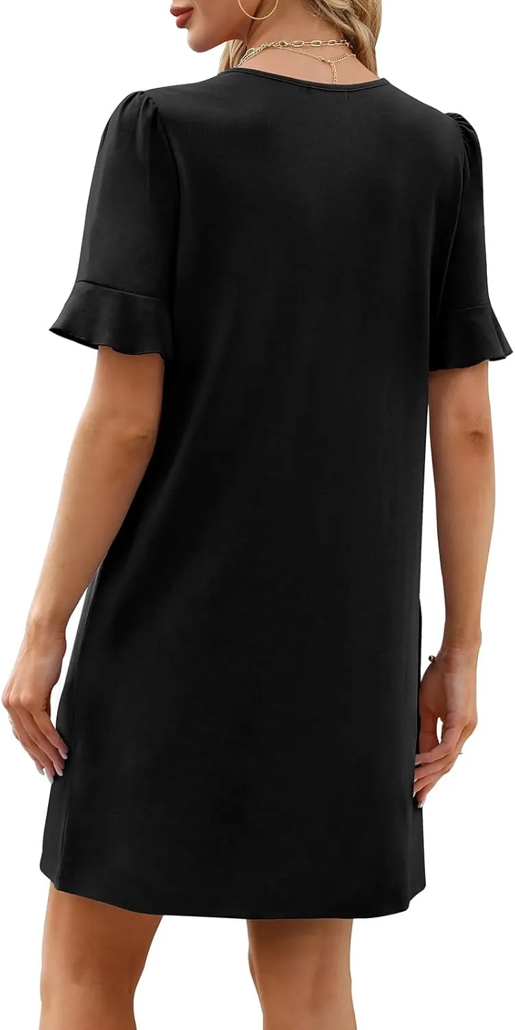 Summer Dresses for Women Ruffle Short Sleeve Dress Casual V Neck Shift Dress Work Beach Short Sundress with Pockets