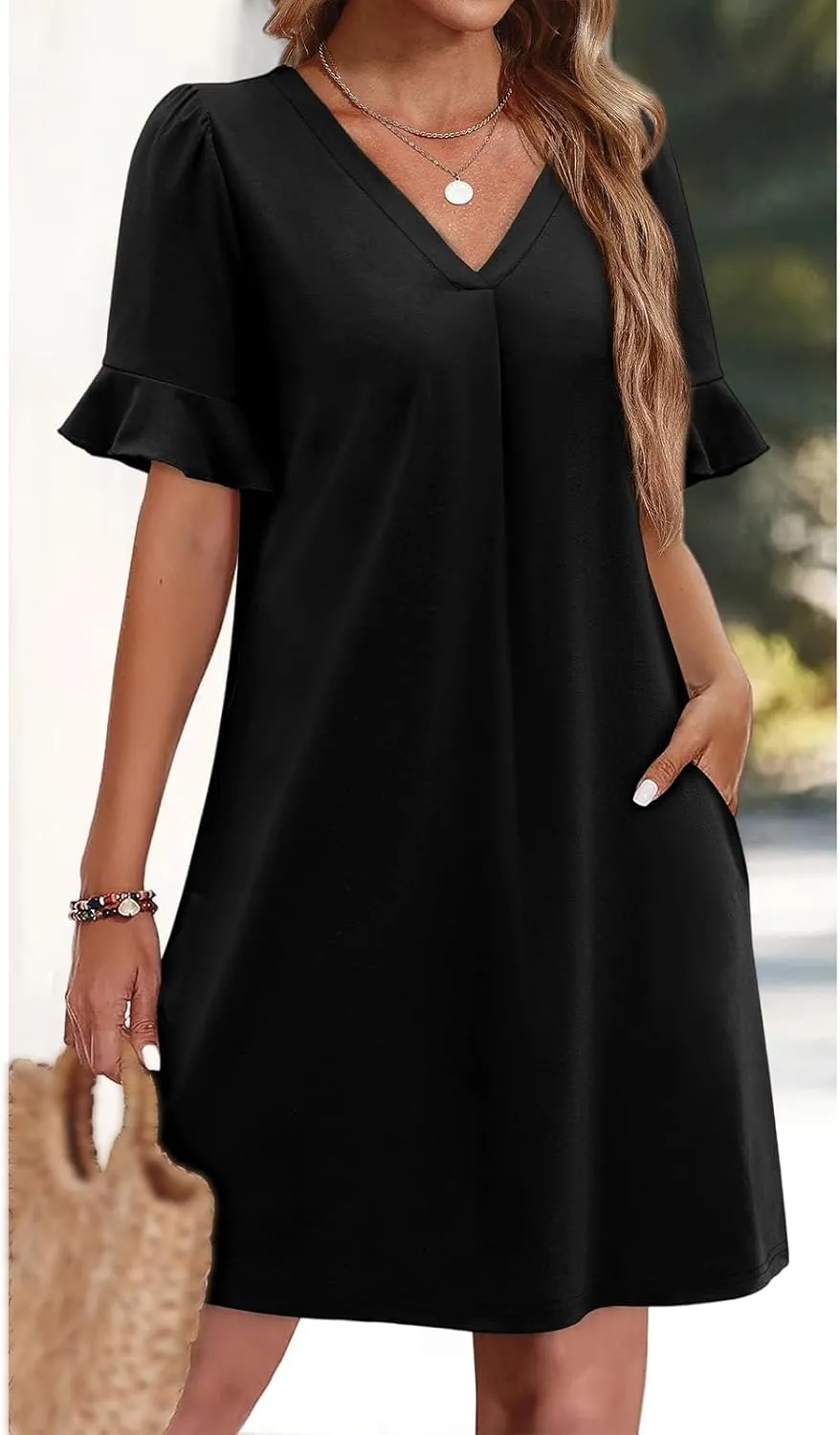 Summer Dresses for Women Ruffle Short Sleeve Dress Casual V Neck Shift Dress Work Beach Short Sundress with Pockets