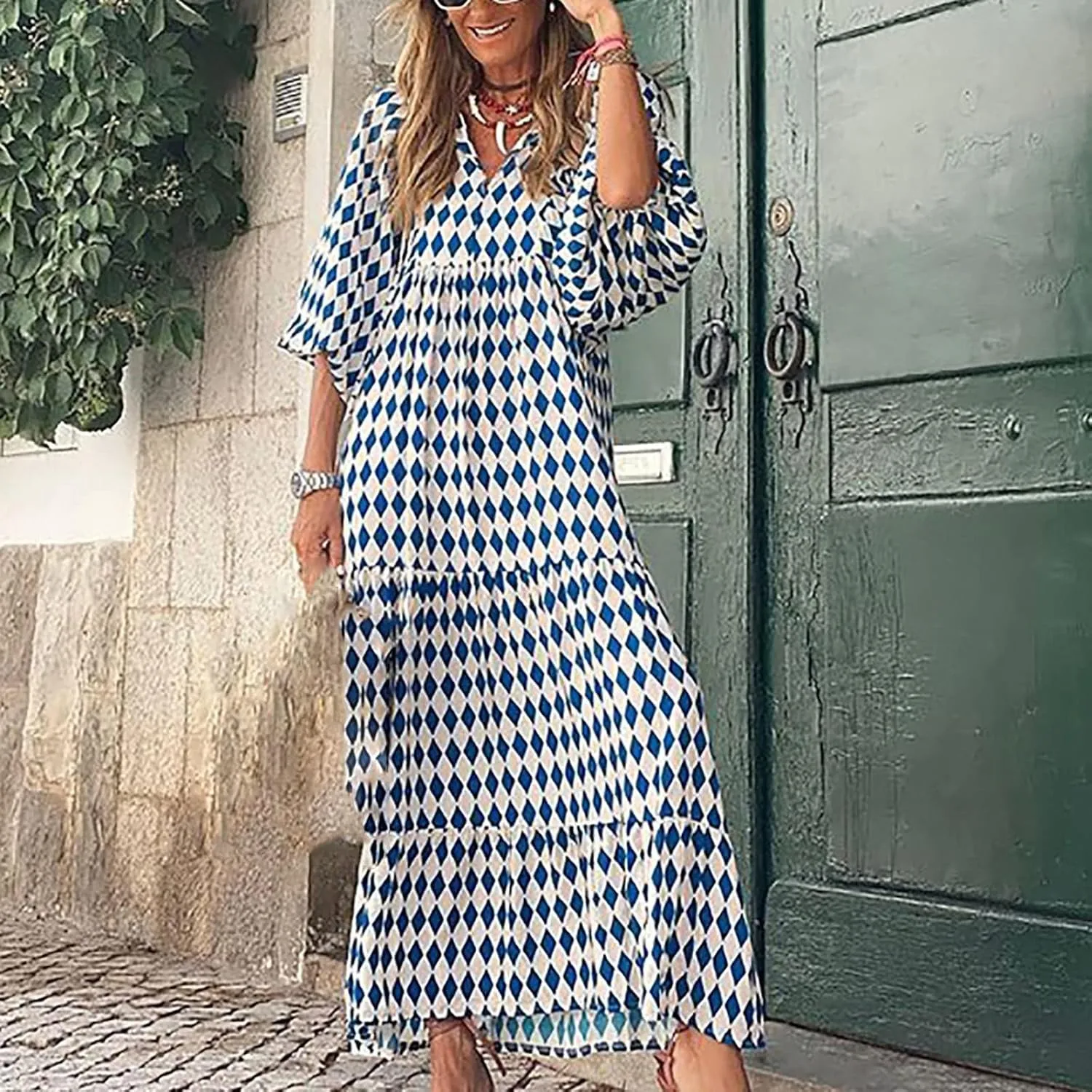Summer Floral Print Dresses for Women Bubble 3/4 Sleeve V Neck Maxi Boho Dress Flowy Swing A-Line Beach Dresses