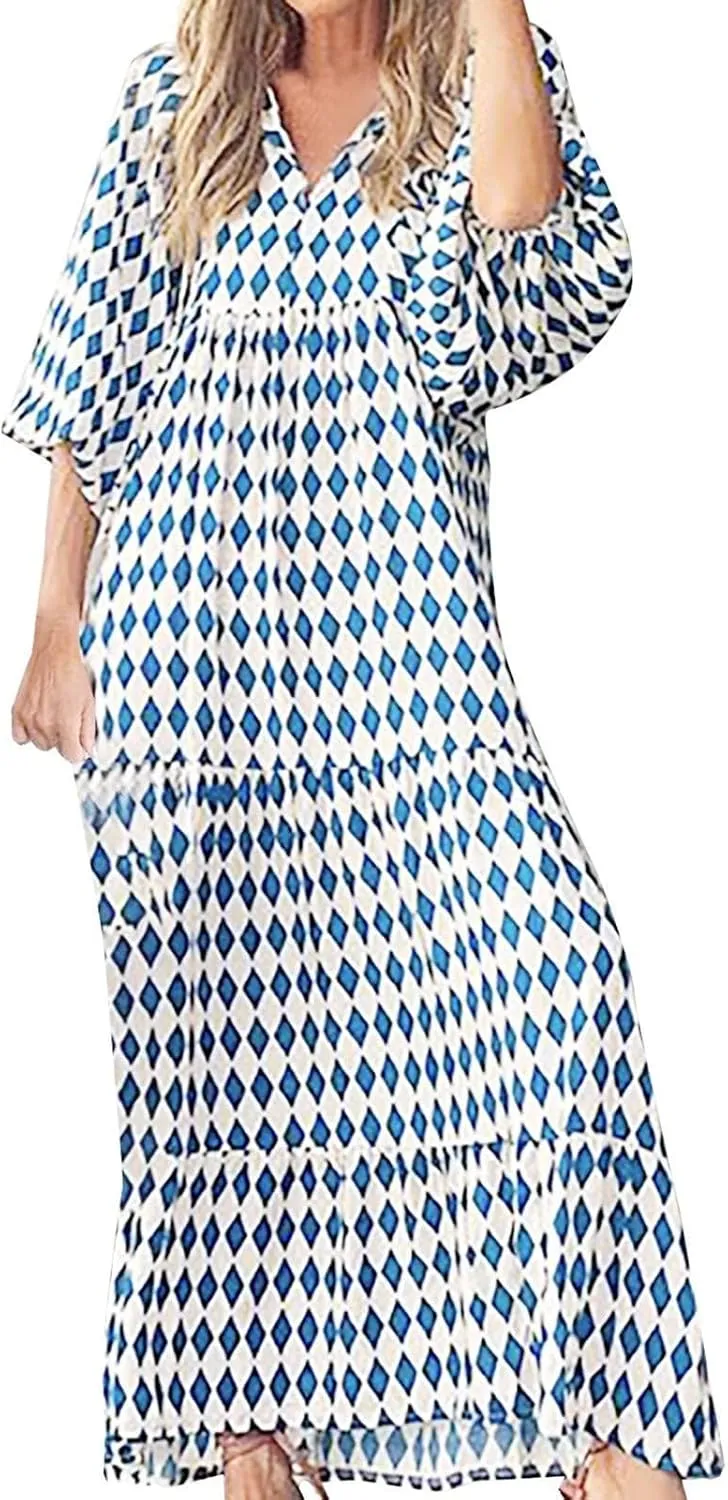 Summer Floral Print Dresses for Women Bubble 3/4 Sleeve V Neck Maxi Boho Dress Flowy Swing A-Line Beach Dresses