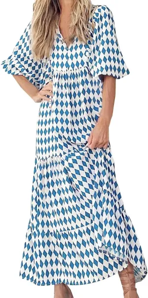 Summer Floral Print Dresses for Women Bubble 3/4 Sleeve V Neck Maxi Boho Dress Flowy Swing A-Line Beach Dresses
