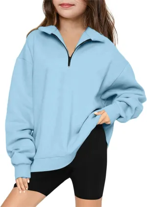 Sweatshirts for Girls Quarter Zip Pullover Long Sleeve Fleece Lined Tops Oversized Crewneck Sweatshirt Preppy Clothes