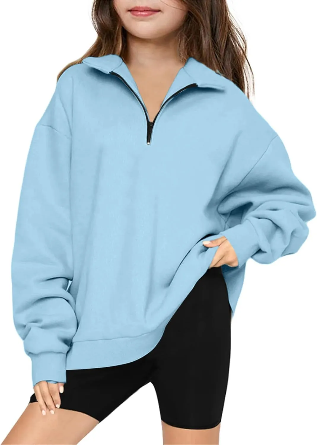 Sweatshirts for Girls Quarter Zip Pullover Long Sleeve Fleece Lined Tops Oversized Crewneck Sweatshirt Preppy Clothes