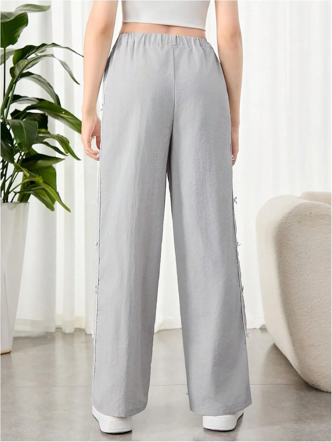 SweatyRocks Girl's Wide Leg Bow Pants Elastic High Waist Cute Loose Trousers with Pockets