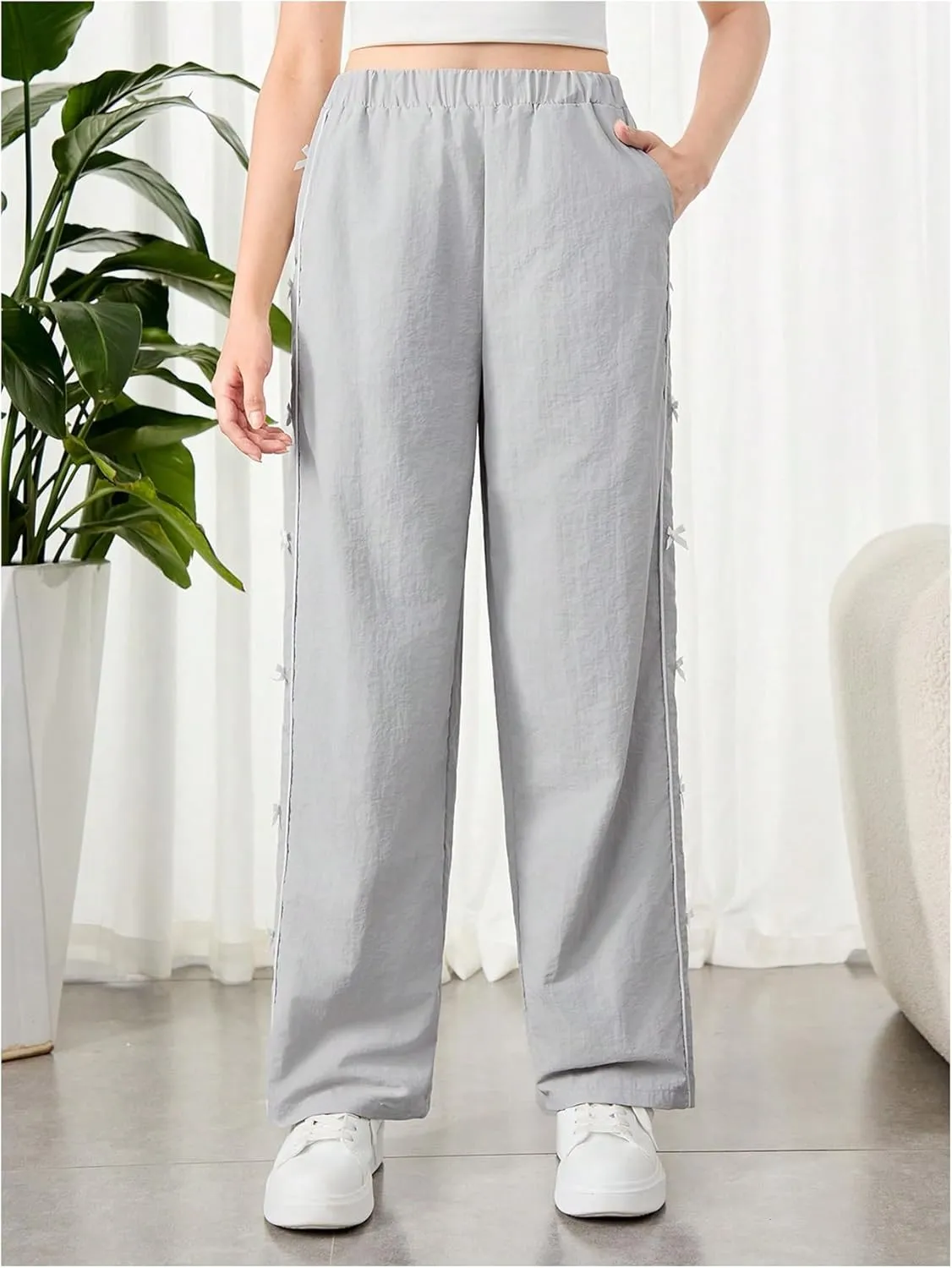 SweatyRocks Girl's Wide Leg Bow Pants Elastic High Waist Cute Loose Trousers with Pockets