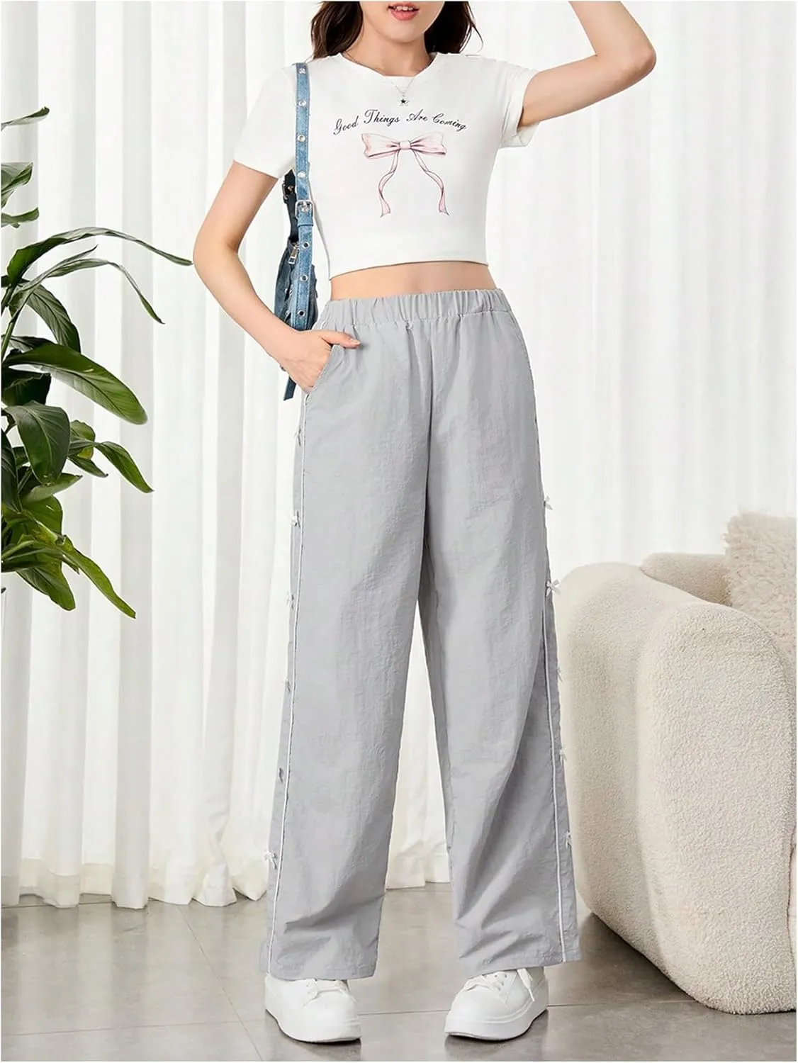 SweatyRocks Girl's Wide Leg Bow Pants Elastic High Waist Cute Loose Trousers with Pockets