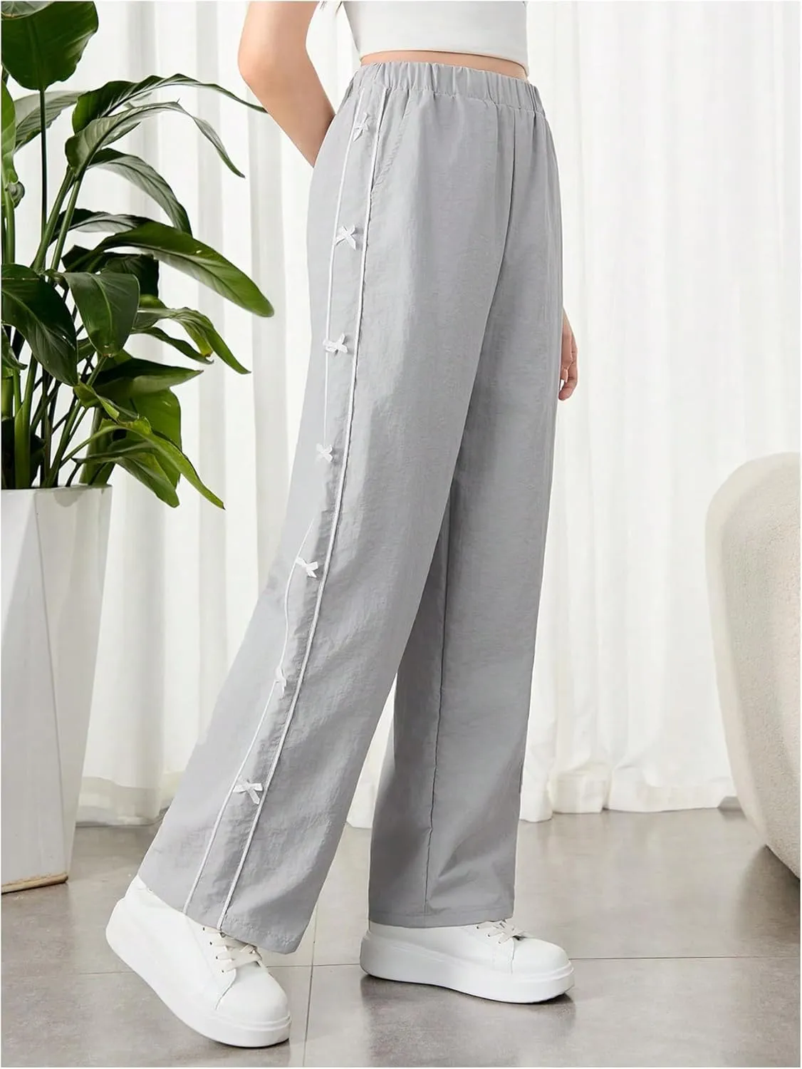 SweatyRocks Girl's Wide Leg Bow Pants Elastic High Waist Cute Loose Trousers with Pockets