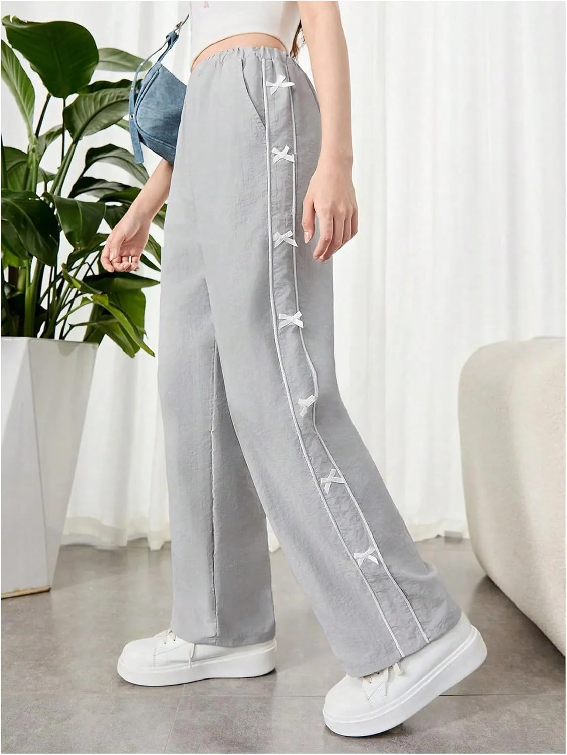 SweatyRocks Girl's Wide Leg Bow Pants Elastic High Waist Cute Loose Trousers with Pockets