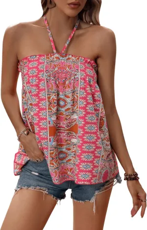 SweatyRocks Women's Boho Floral Print Backless Halter Top Summer Sleeveless Cami Tank Tops