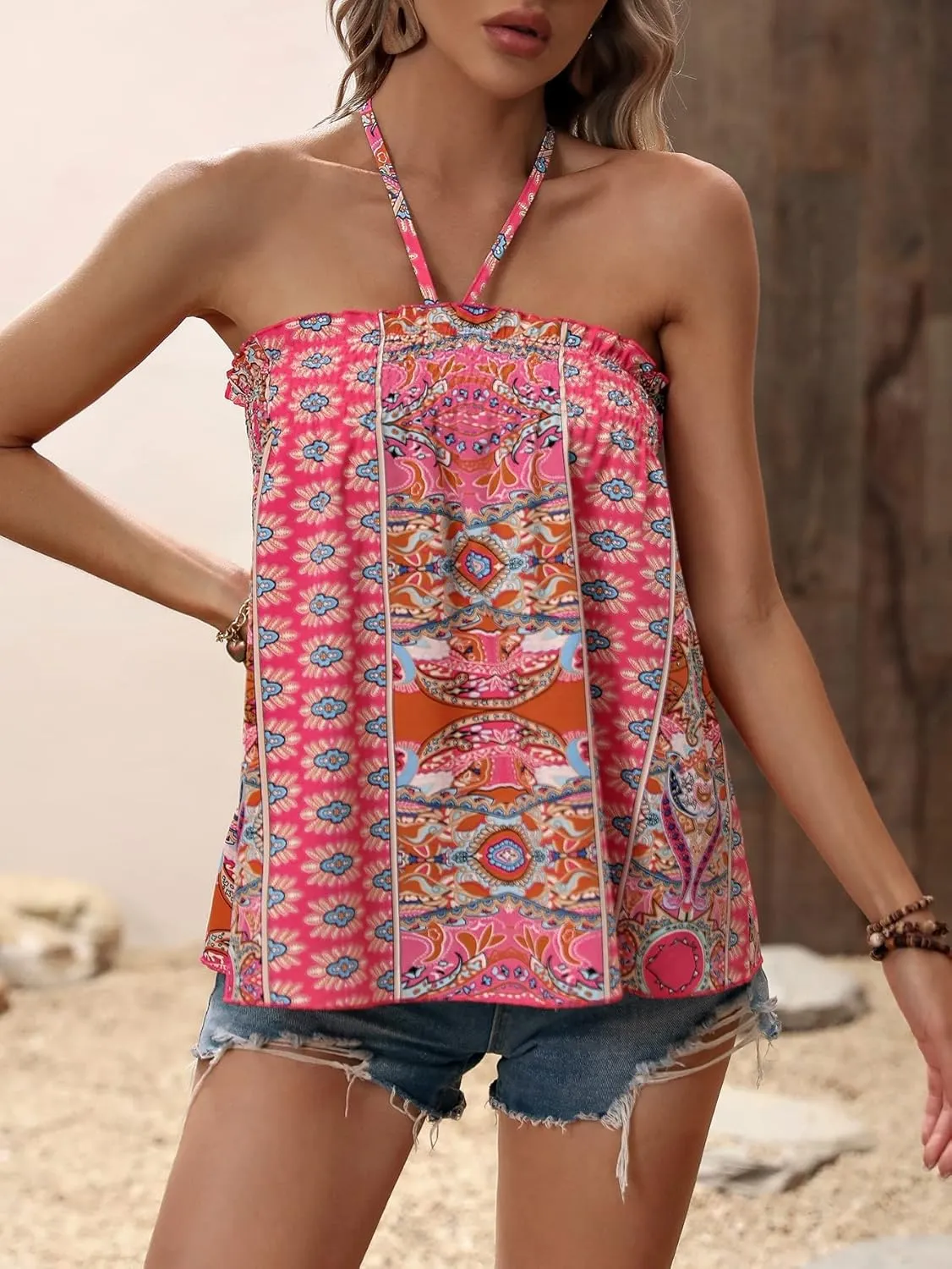SweatyRocks Women's Boho Floral Print Backless Halter Top Summer Sleeveless Cami Tank Tops
