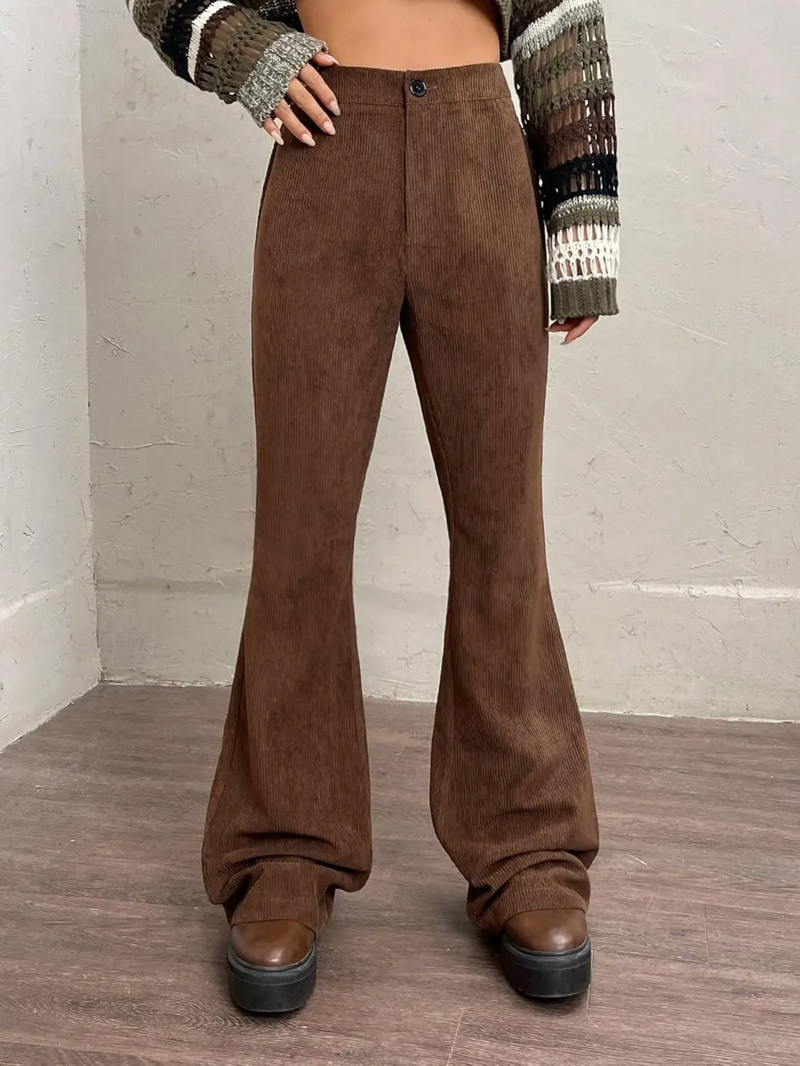 SweatyRocks Women's High Waist Zipper Casual Flare Leg Pants Trousers Button Front Pants with Pocket