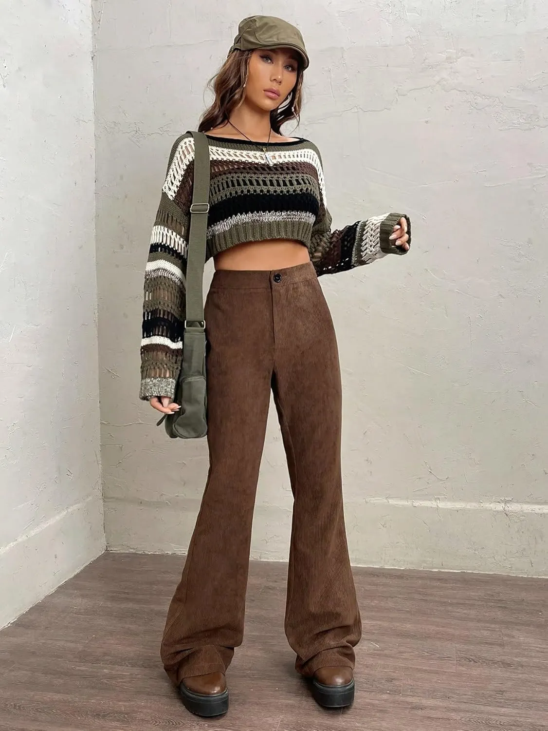 SweatyRocks Women's High Waist Zipper Casual Flare Leg Pants Trousers Button Front Pants with Pocket