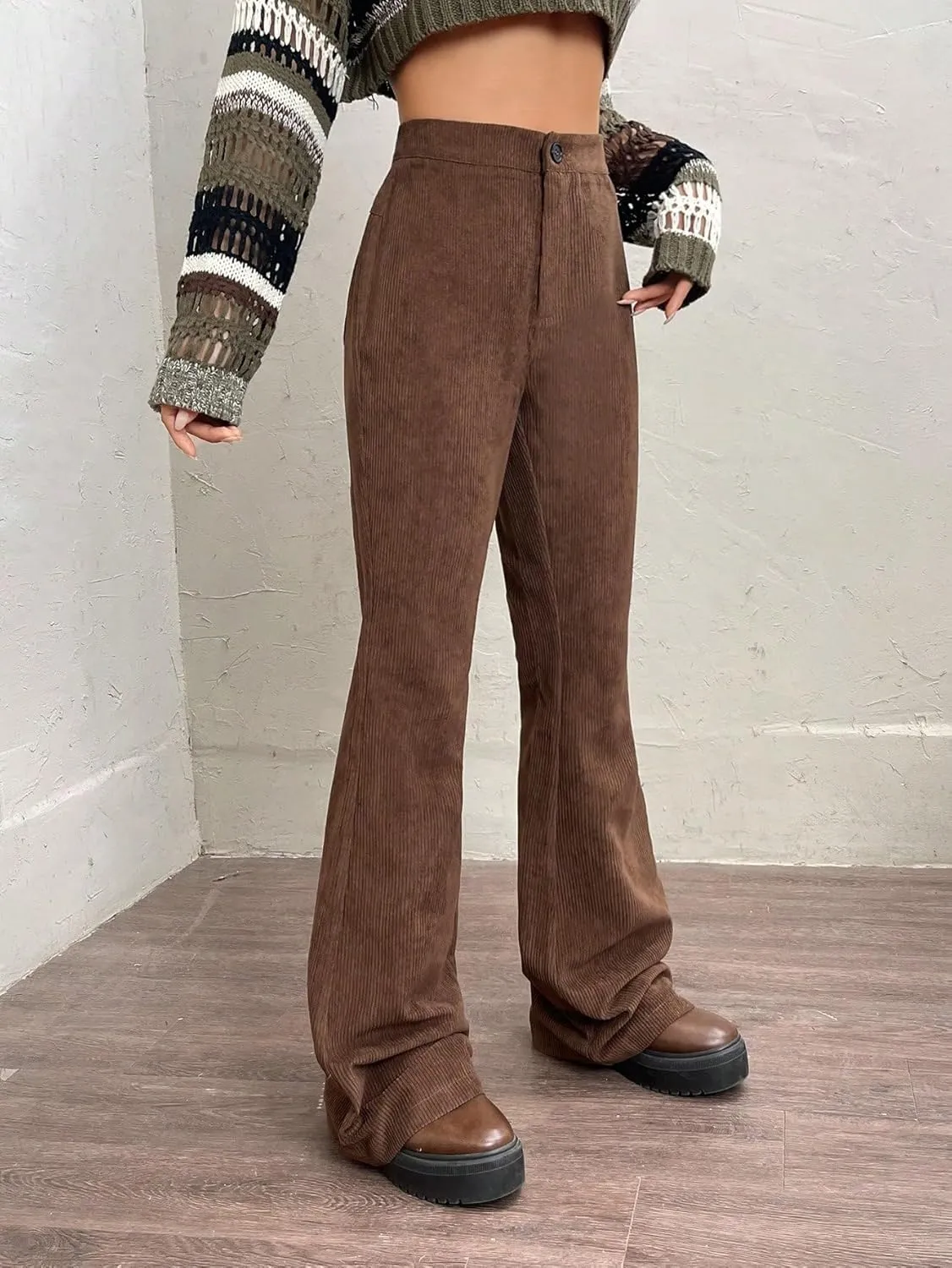 SweatyRocks Women's High Waist Zipper Casual Flare Leg Pants Trousers Button Front Pants with Pocket