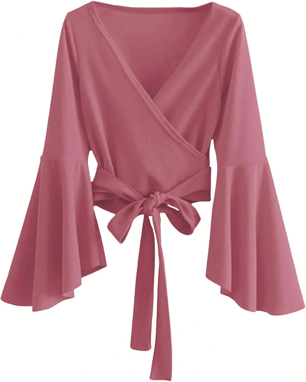 SweatyRocks Women's Long Sleeve V Neck Tie Knot Bandage Wrap Blouse Crop Top