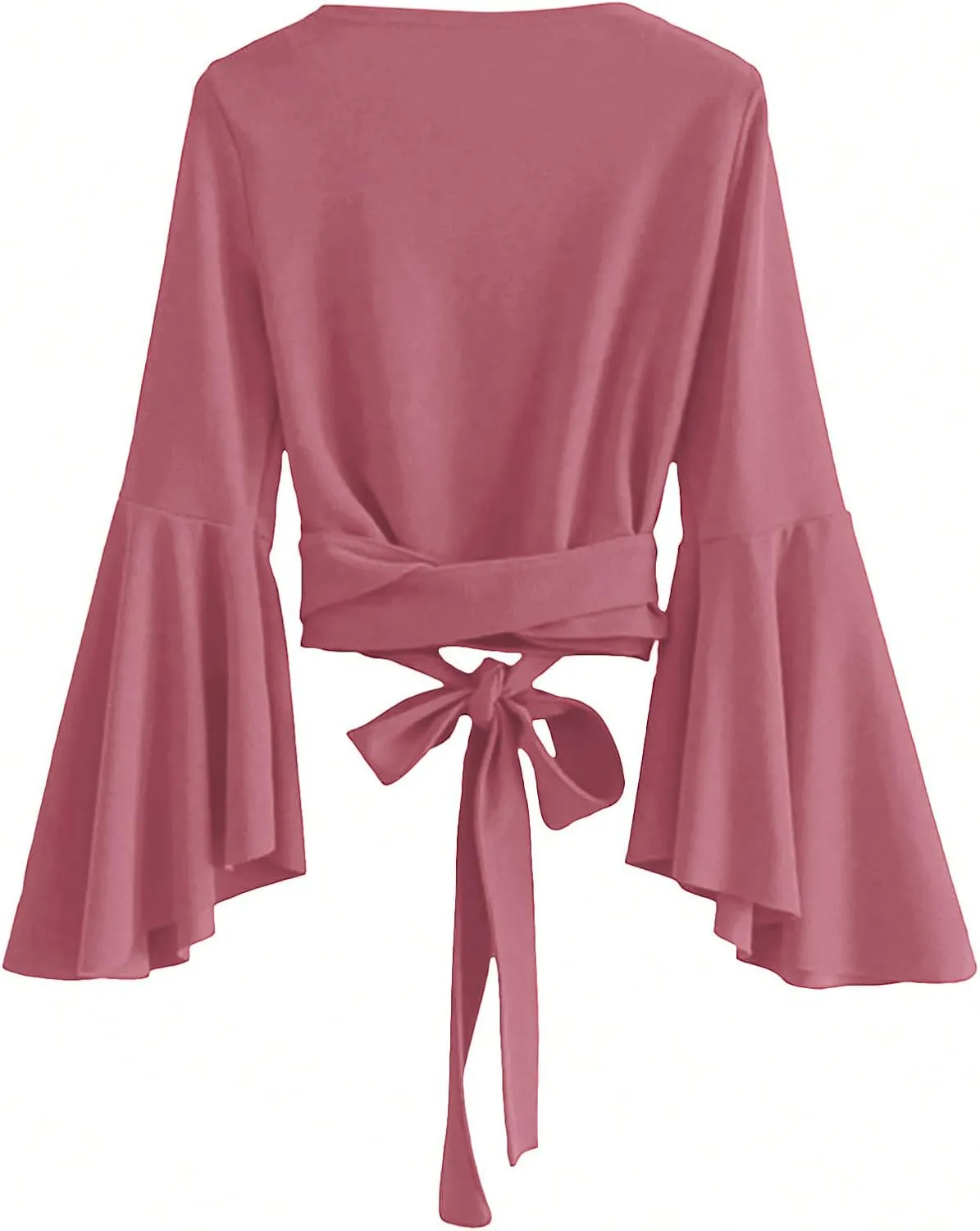 SweatyRocks Women's Long Sleeve V Neck Tie Knot Bandage Wrap Blouse Crop Top
