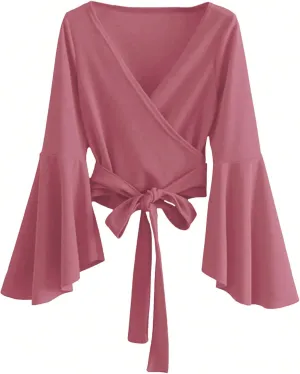 SweatyRocks Women's Long Sleeve V Neck Tie Knot Bandage Wrap Blouse Crop Top