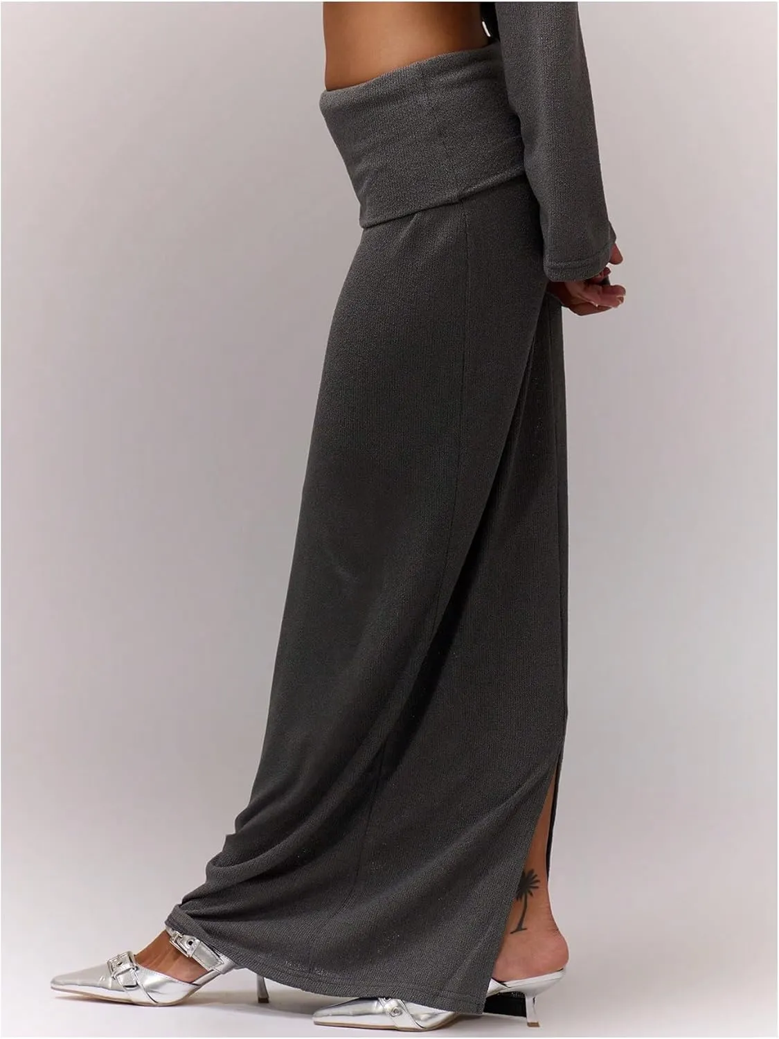 SweatyRocks Women's Low Waisted Maxi Skirts Fold Long Fall Split Skirt