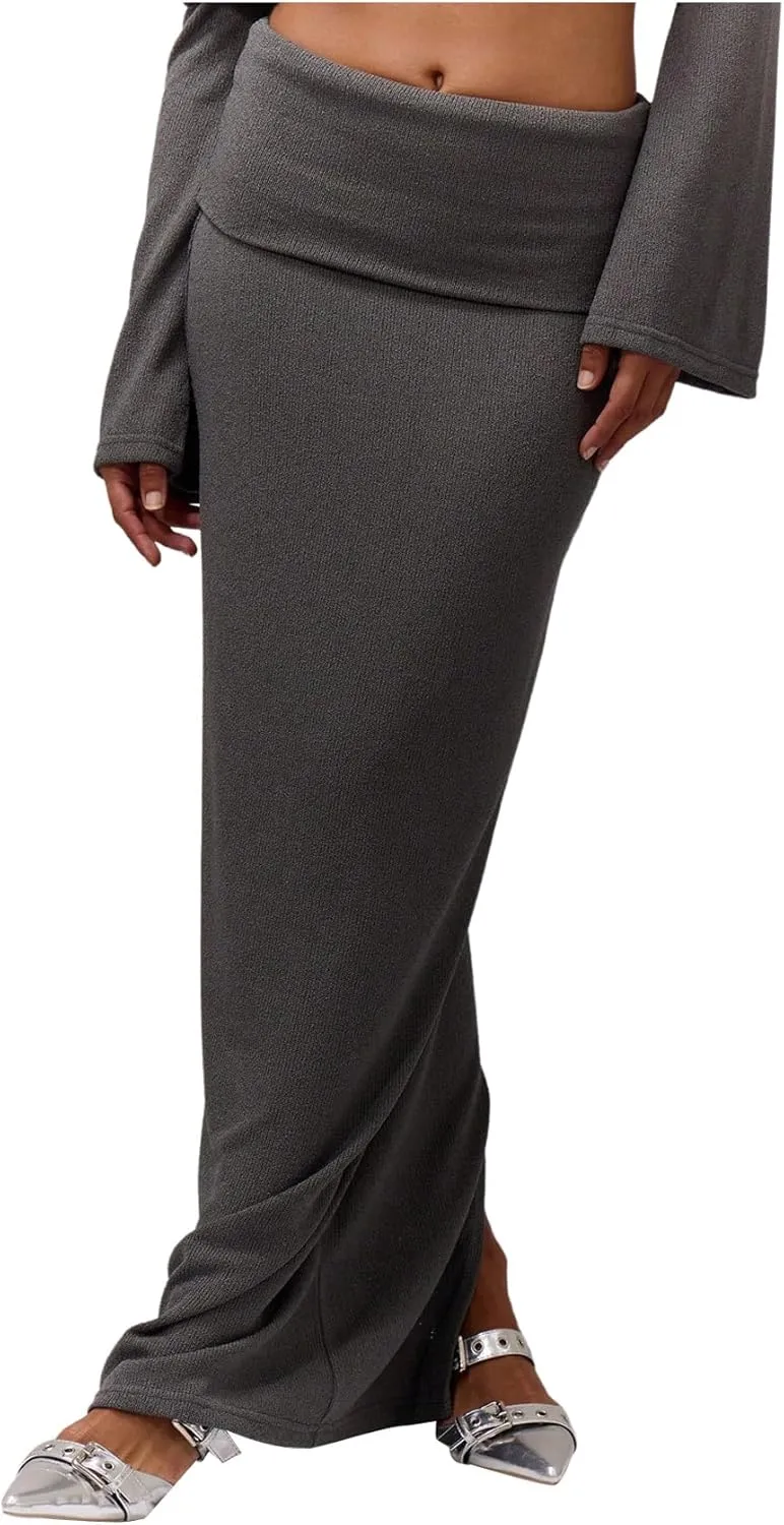 SweatyRocks Women's Low Waisted Maxi Skirts Fold Long Fall Split Skirt
