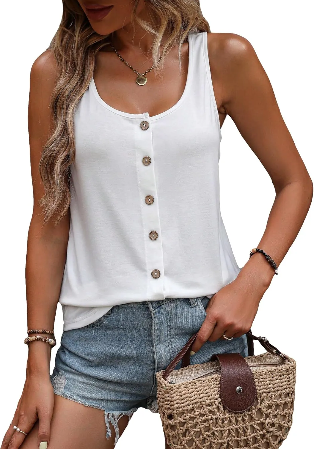 SweatyRocks Women's Scoop Neck Button Front Tank Top Casual Solid Sleeveless T Shirt