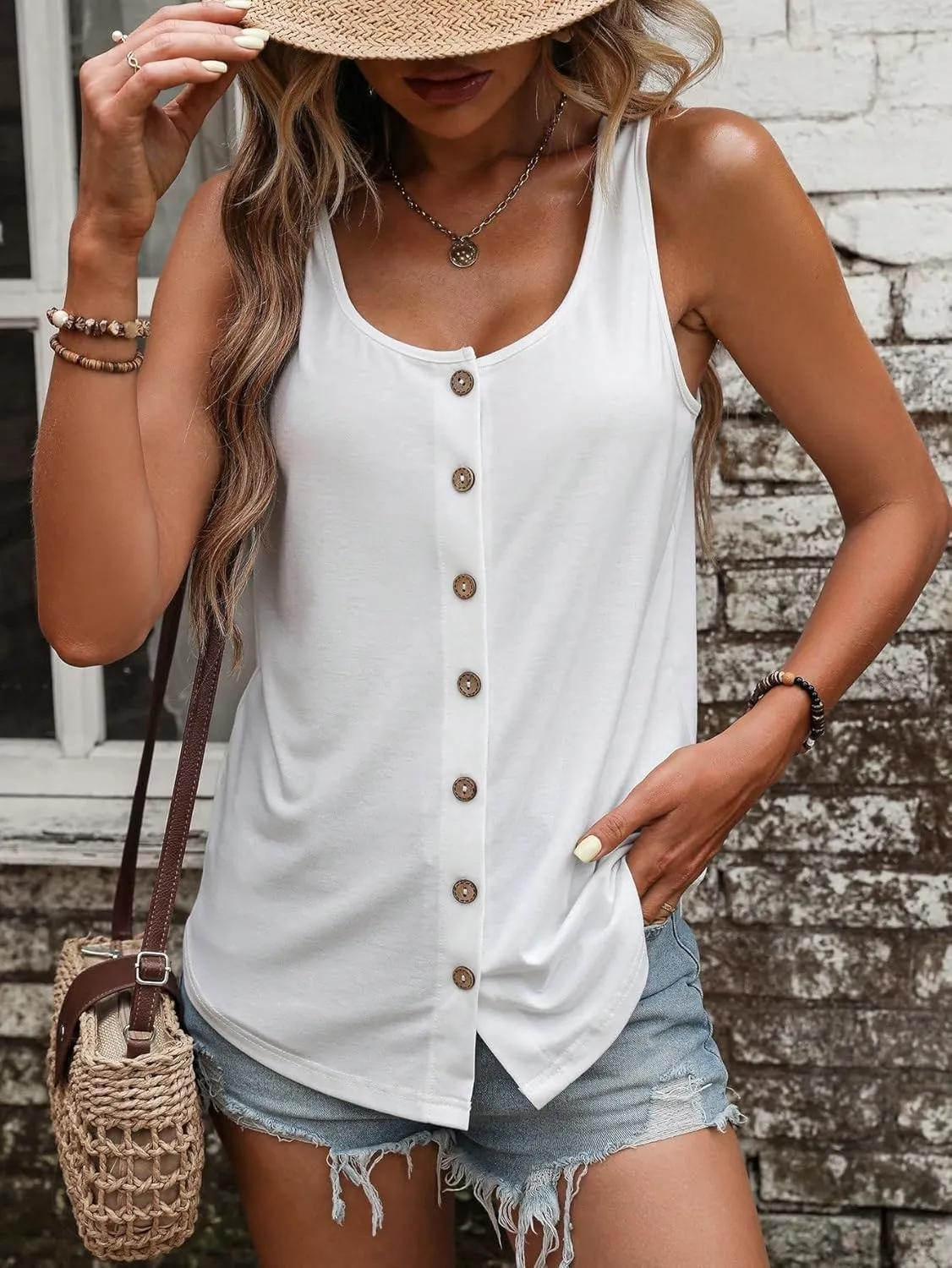 SweatyRocks Women's Scoop Neck Button Front Tank Top Casual Solid Sleeveless T Shirt