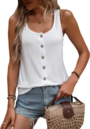 SweatyRocks Women's Scoop Neck Button Front Tank Top Casual Solid Sleeveless T Shirt