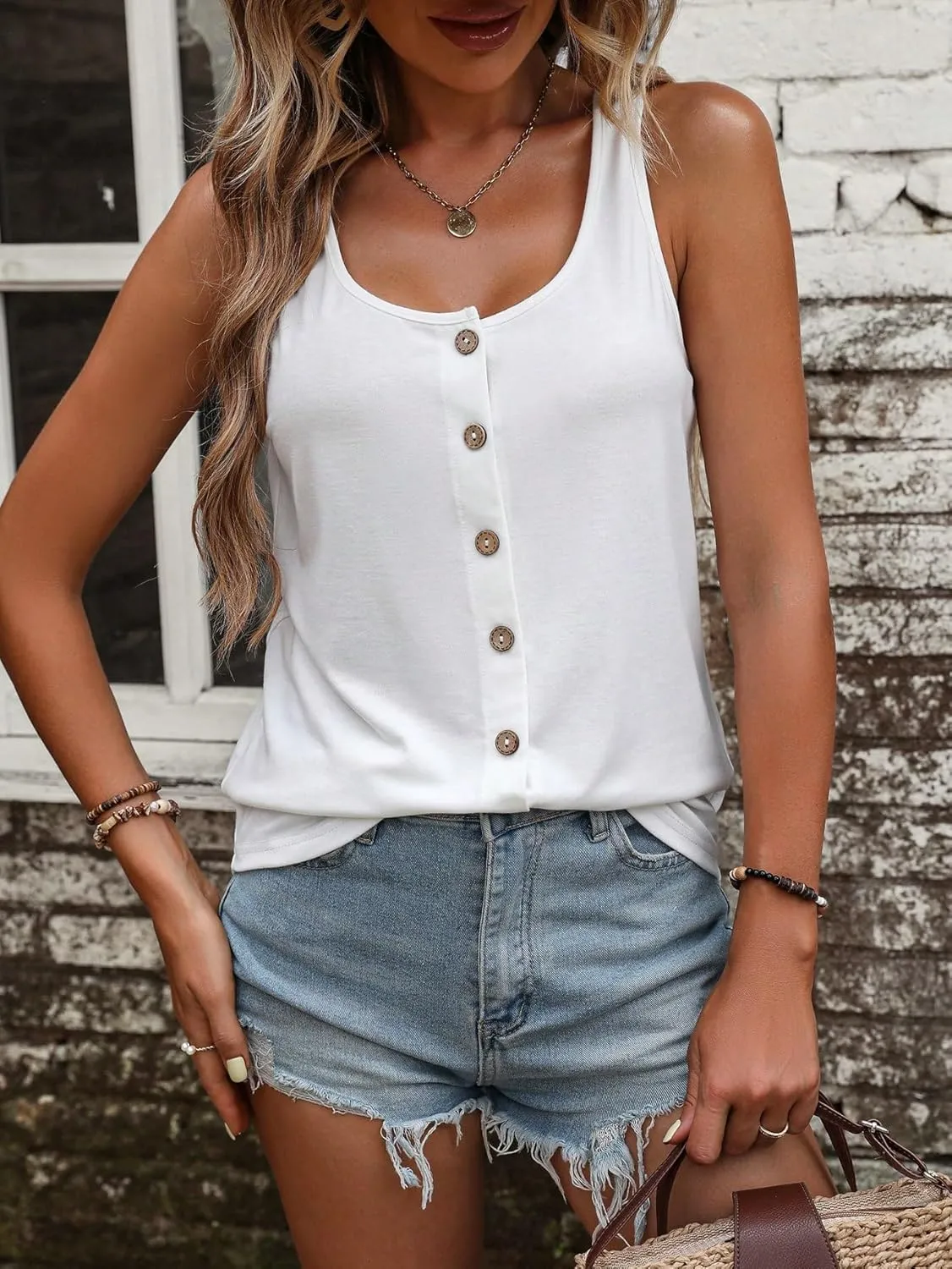 SweatyRocks Women's Scoop Neck Button Front Tank Top Casual Solid Sleeveless T Shirt