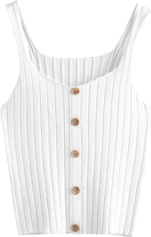SweatyRocks Women's Sleeveless Vest Button Front Crop Tank Top Ribbed Knit Belly Shirt