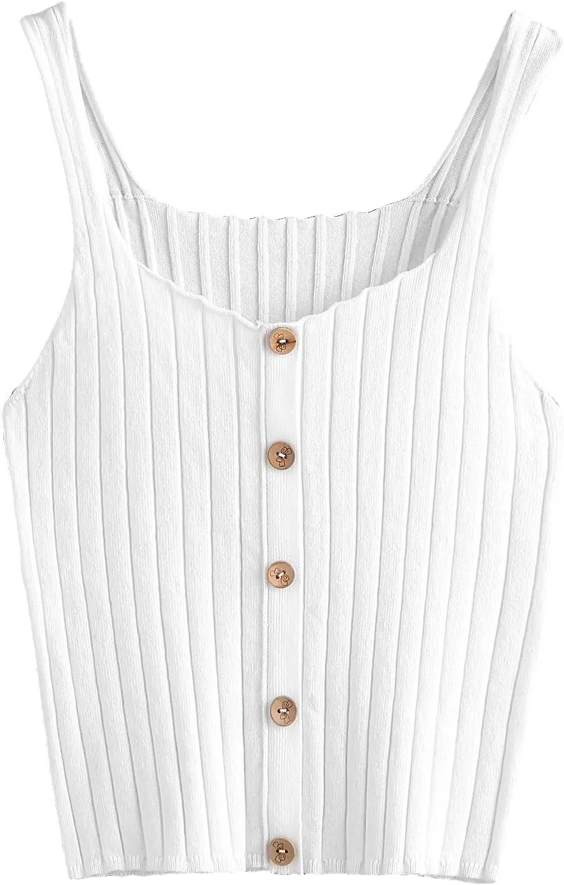 SweatyRocks Women's Sleeveless Vest Button Front Crop Tank Top Ribbed Knit Belly Shirt