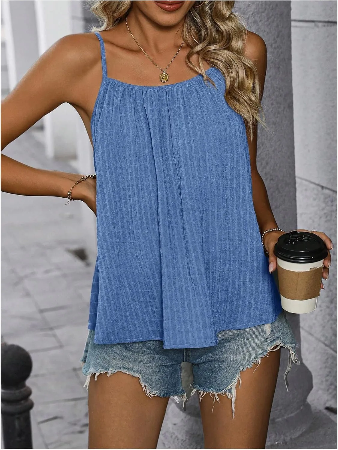 SweatyRocks Women's Summer Tank Top Spaghetti Strap Pleated Camisole Sleeveless Loose Cami Tops