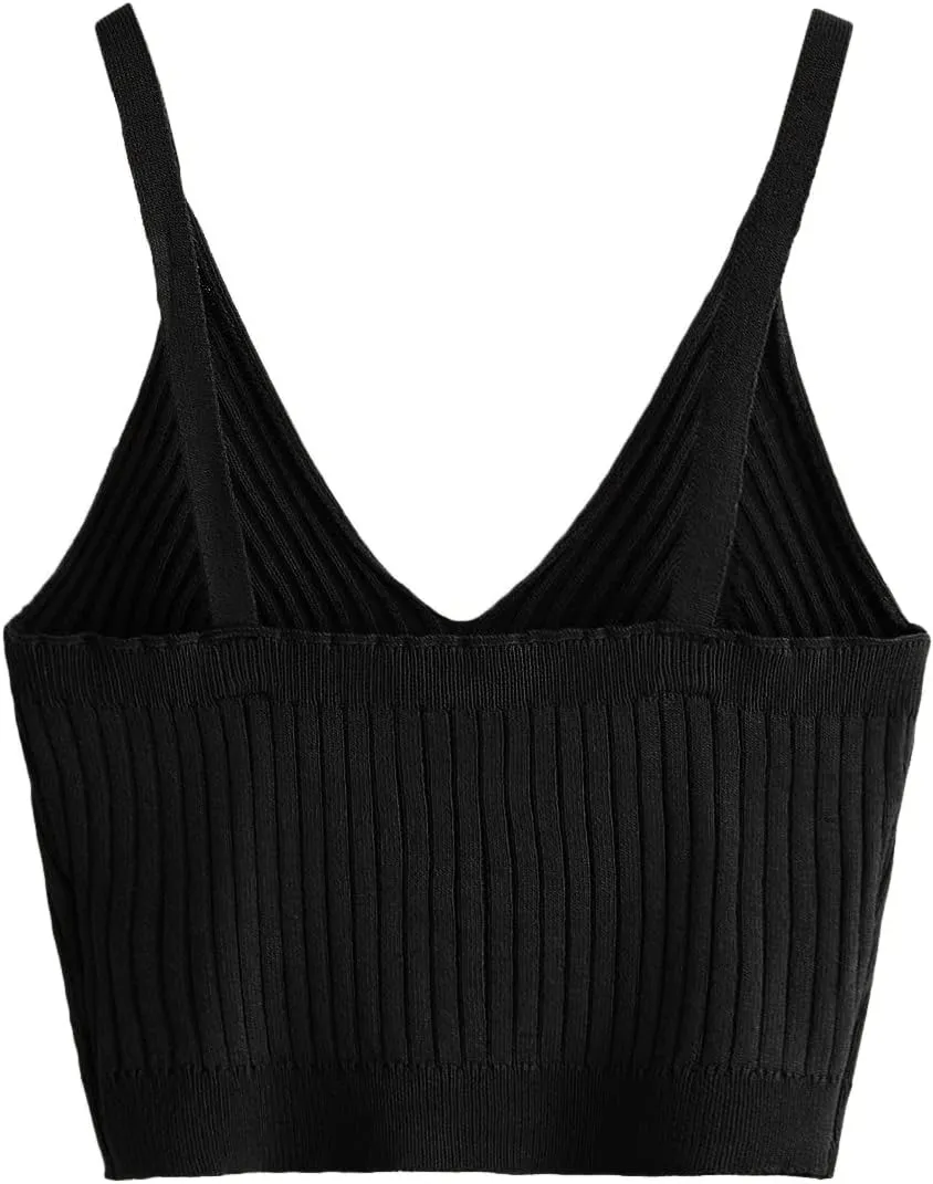 SweatyRocks Women's V Neck Crop Cami Top Ribbed Knit Spaghetti Strap Sleeveless Vest
