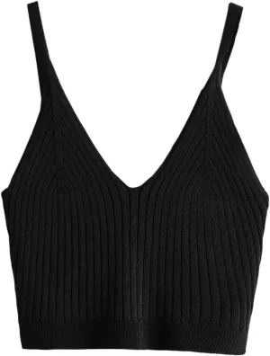 SweatyRocks Women's V Neck Crop Cami Top Ribbed Knit Spaghetti Strap Sleeveless Vest