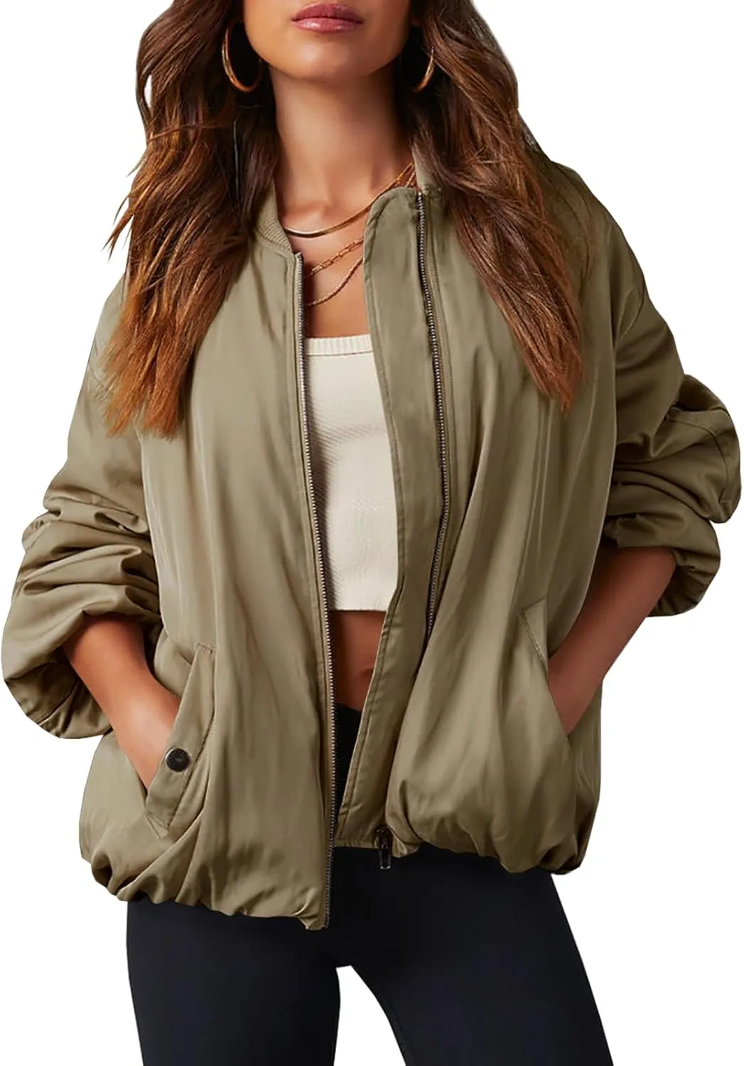 Tankaneo Womens Zip Up Bomber Jacket Oversized Fashion Casual Fully Lined Winter Coats With Pockets