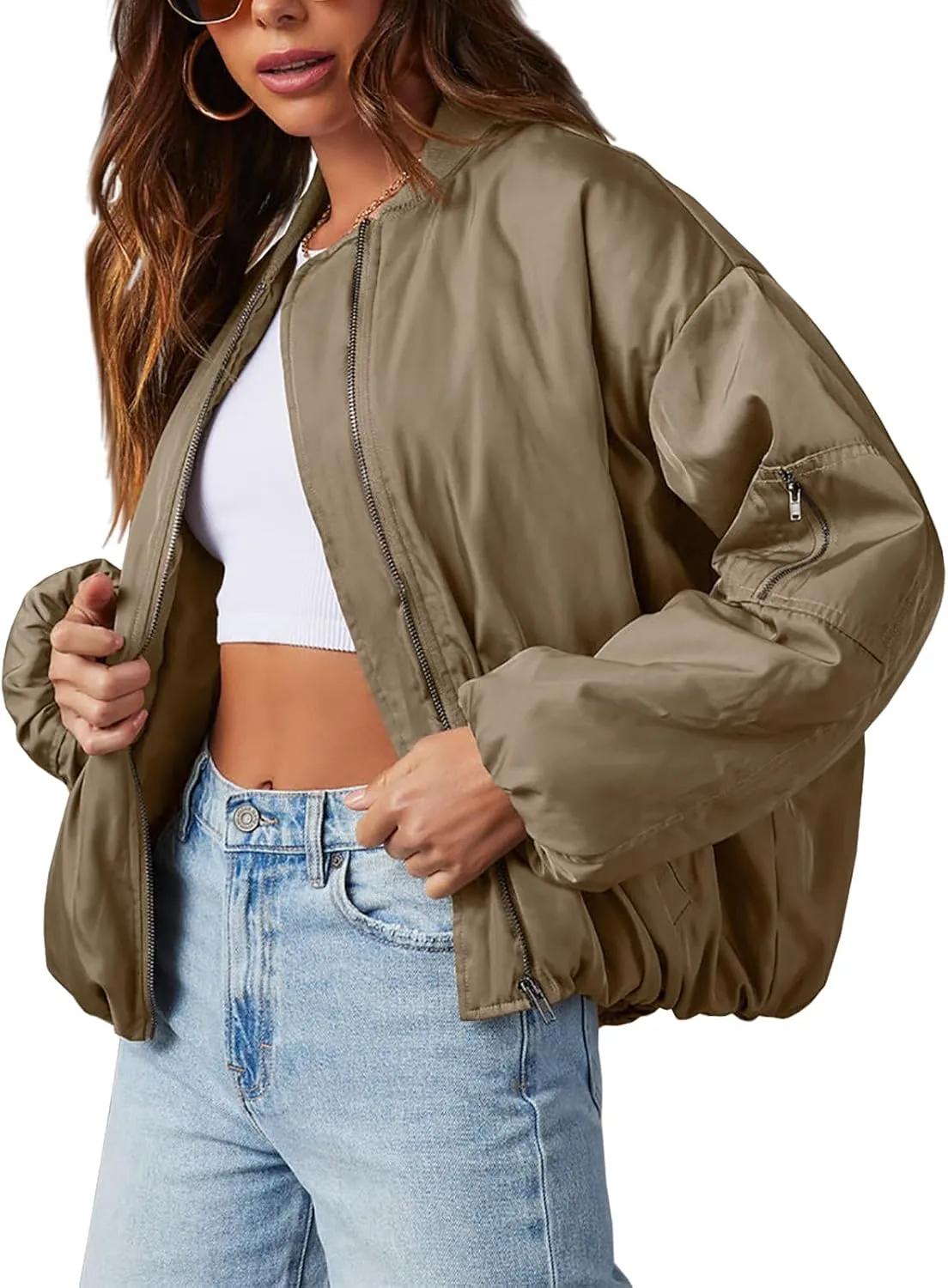 Tankaneo Womens Zip Up Bomber Jacket Oversized Fashion Casual Fully Lined Winter Coats With Pockets