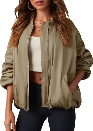Tankaneo Womens Zip Up Bomber Jacket Oversized Fashion Casual Fully Lined Winter Coats With Pockets