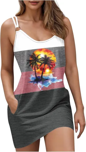 TARIENDY Women's Summer Dresses Casual Sleeveless Sundress Graphic Printed Mini Dress Beach Vacation Outfits with Pockets