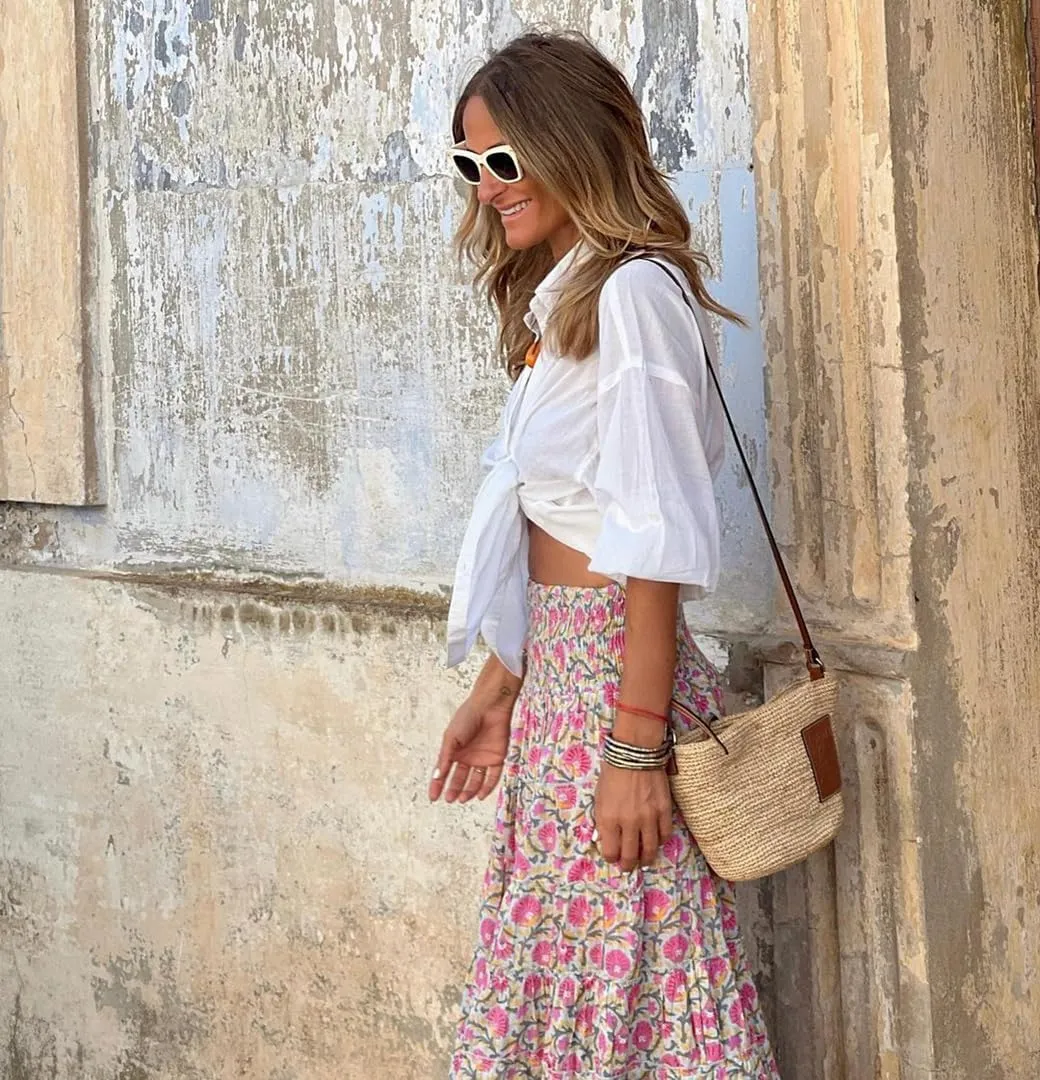 THLAI Womens Casual Maxi Skirt Tropical Print A-Line Long Skirts Spring Summer Vacation Skirt