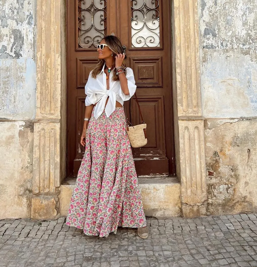 THLAI Womens Casual Maxi Skirt Tropical Print A-Line Long Skirts Spring Summer Vacation Skirt