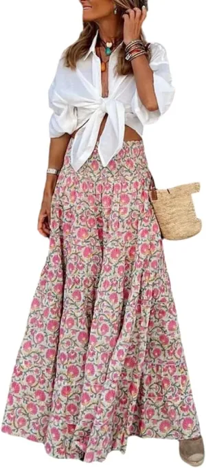 THLAI Womens Casual Maxi Skirt Tropical Print A-Line Long Skirts Spring Summer Vacation Skirt