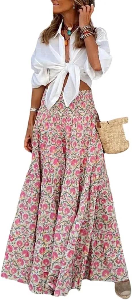 THLAI Womens Casual Maxi Skirt Tropical Print A-Line Long Skirts Spring Summer Vacation Skirt
