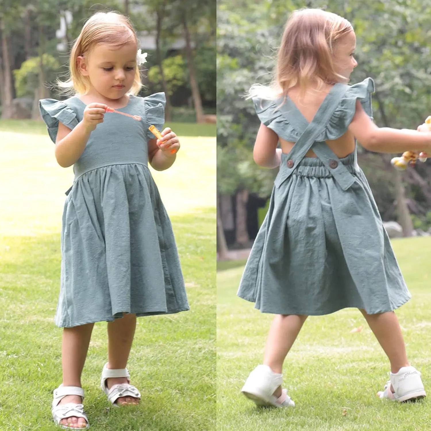 Toddler Linen Dress Baby Girls Ruffle Sleeveless Casual Party Dresses Summer Beach Sundress Mini Dresses