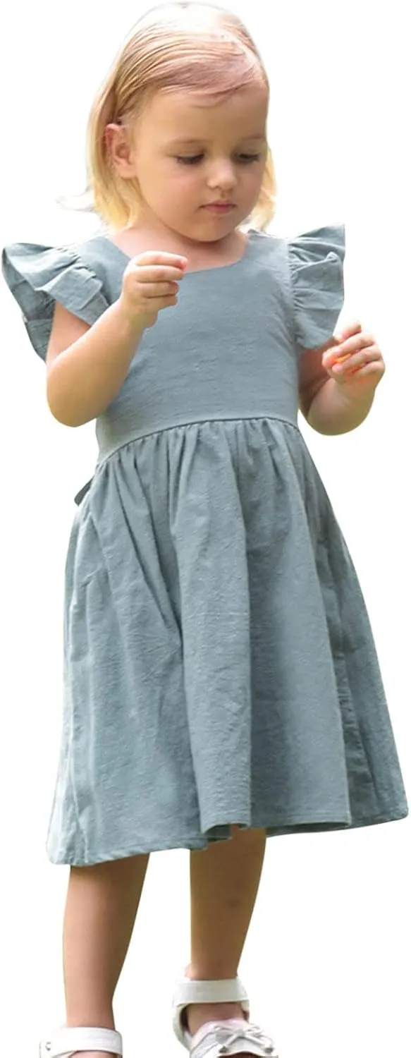 Toddler Linen Dress Baby Girls Ruffle Sleeveless Casual Party Dresses Summer Beach Sundress Mini Dresses