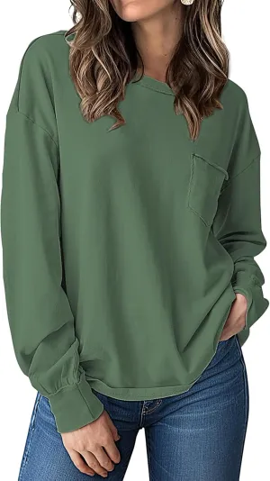 UEU Womens Long Sleeve Tops Crew Neck Casual Oversized Cotton Shirts Blouses Tshirt Tee 2024 Fall Trendy Clothes with Pockets
