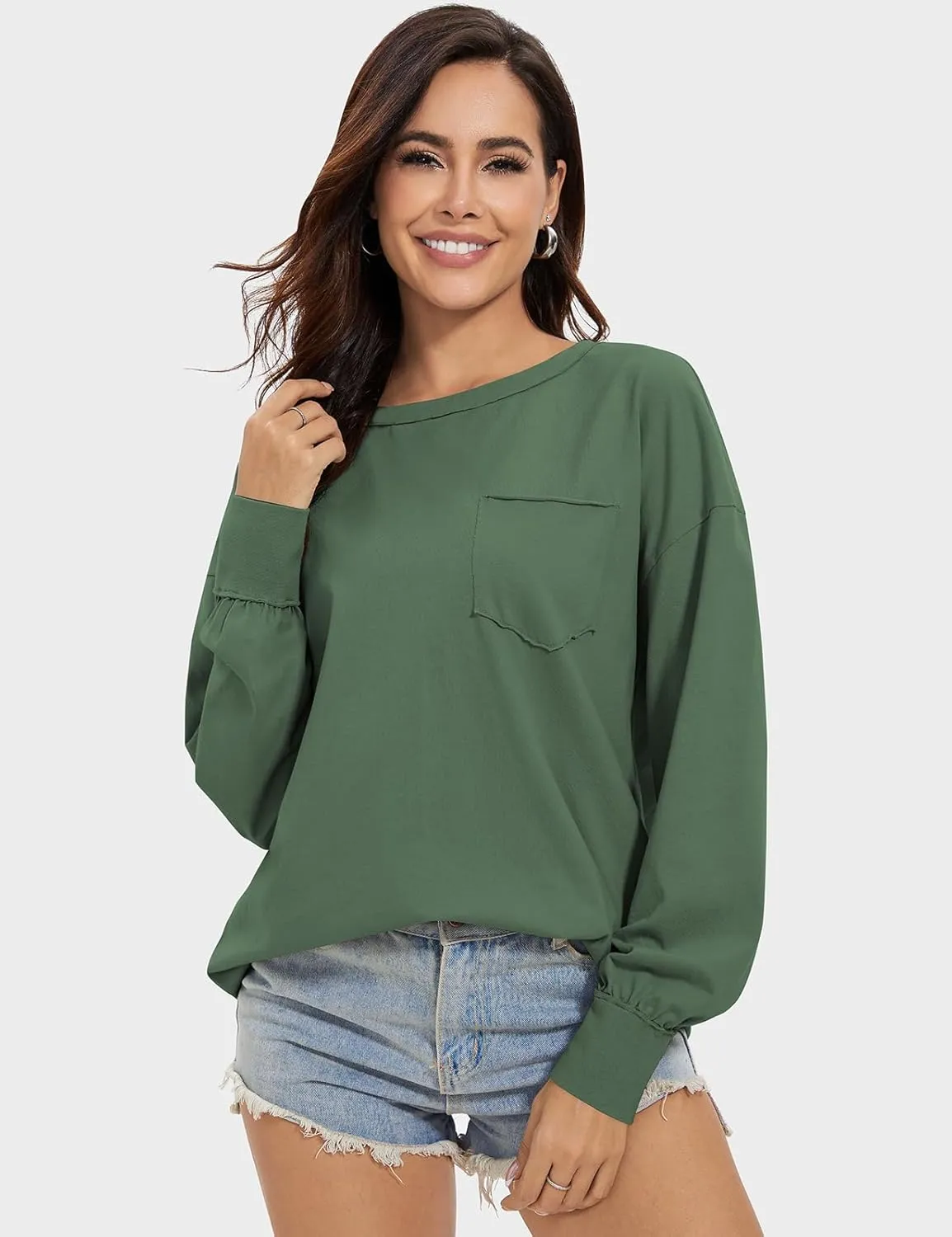 UEU Womens Long Sleeve Tops Crew Neck Casual Oversized Cotton Shirts Blouses Tshirt Tee 2024 Fall Trendy Clothes with Pockets
