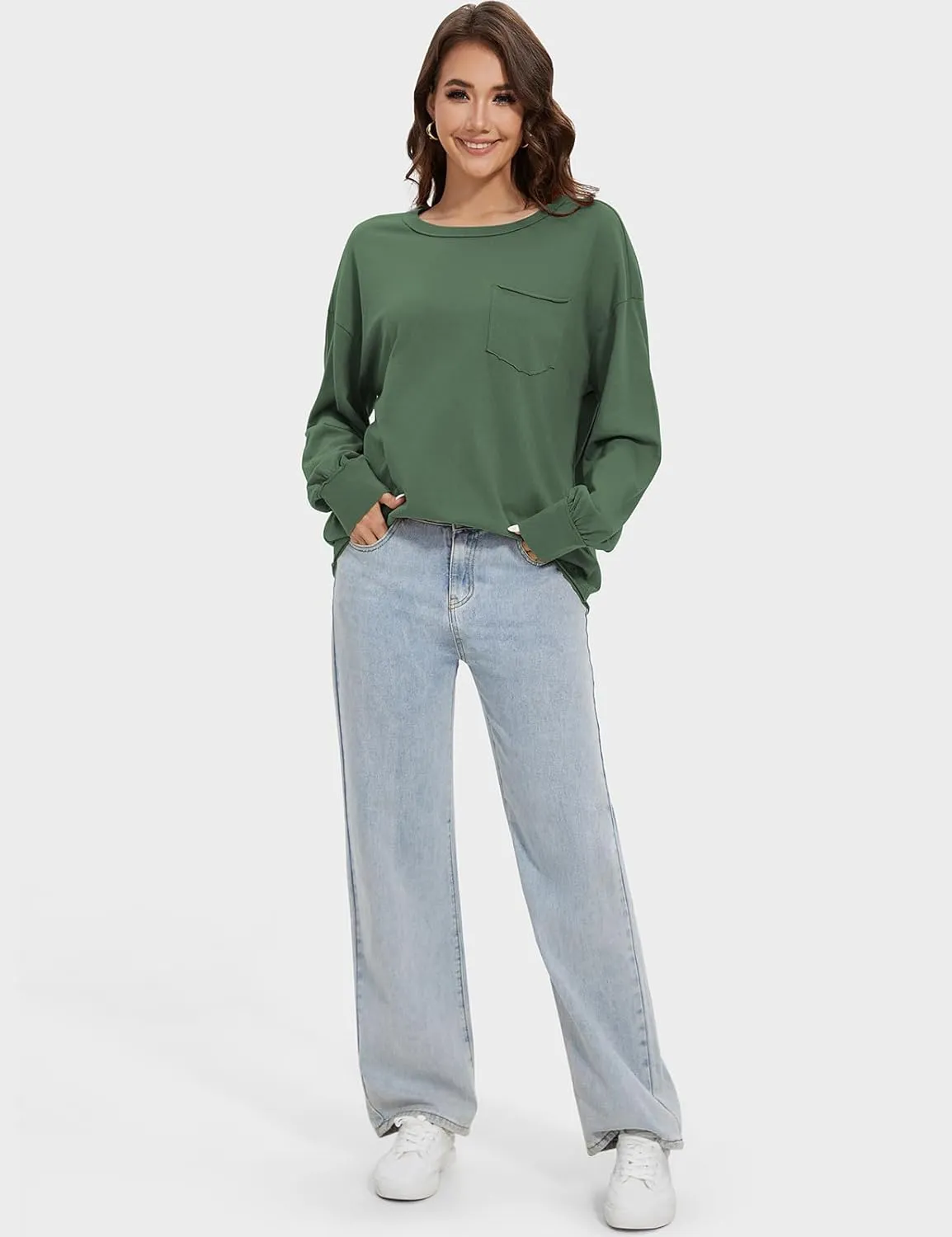 UEU Womens Long Sleeve Tops Crew Neck Casual Oversized Cotton Shirts Blouses Tshirt Tee 2024 Fall Trendy Clothes with Pockets